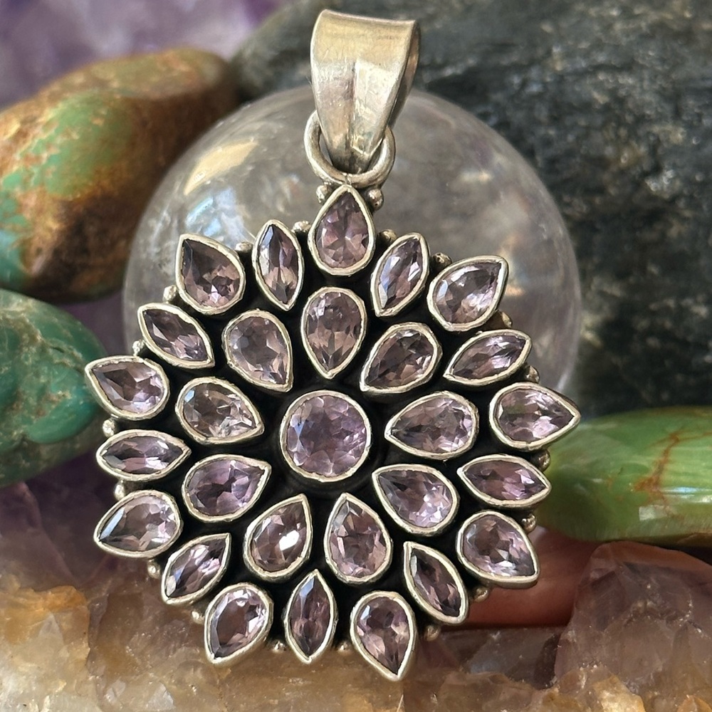Amethyst Flower Statement 925 Sterling Silver Pen… - image 1